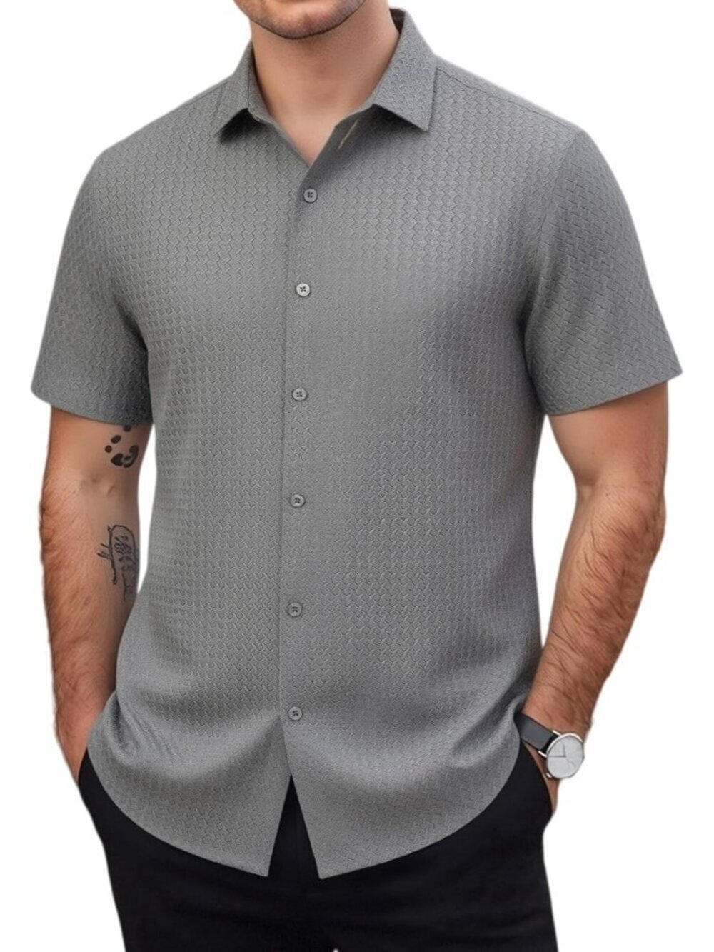 Men's Grey Button Down Shirt 8-Way Stretch Wrinkle-Free Casual Style